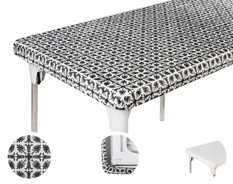 TopTableCloth 4ft 48 x 24 inch Black Patterned Rectangle Picnic Table Cover Elastic TableCloth on the Corner for Folding Table Outdoor TableCloths Plastic Vinyl Waterproof Stay Put Party Birthday Home - Image 1